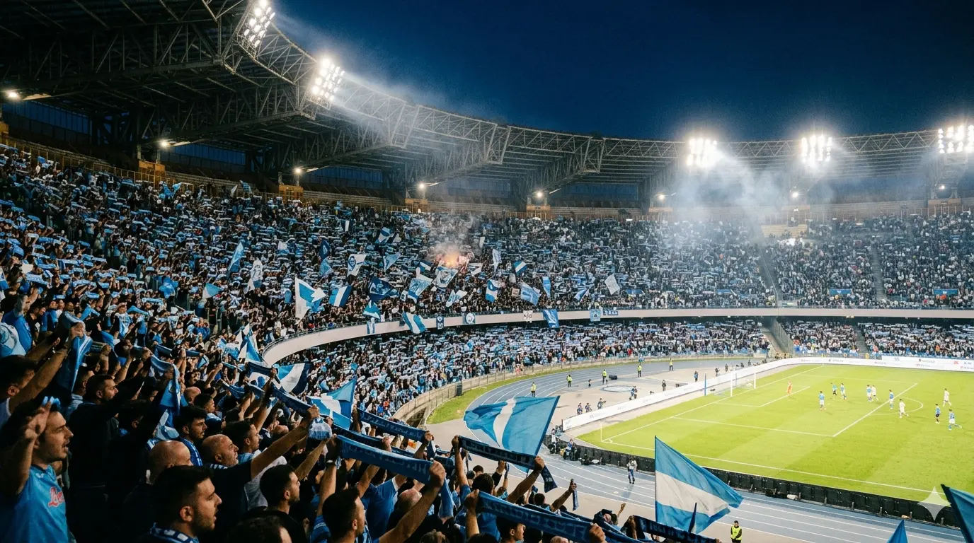 Napoli fans in sky-blue filling the Diego Maradona stadium at night.