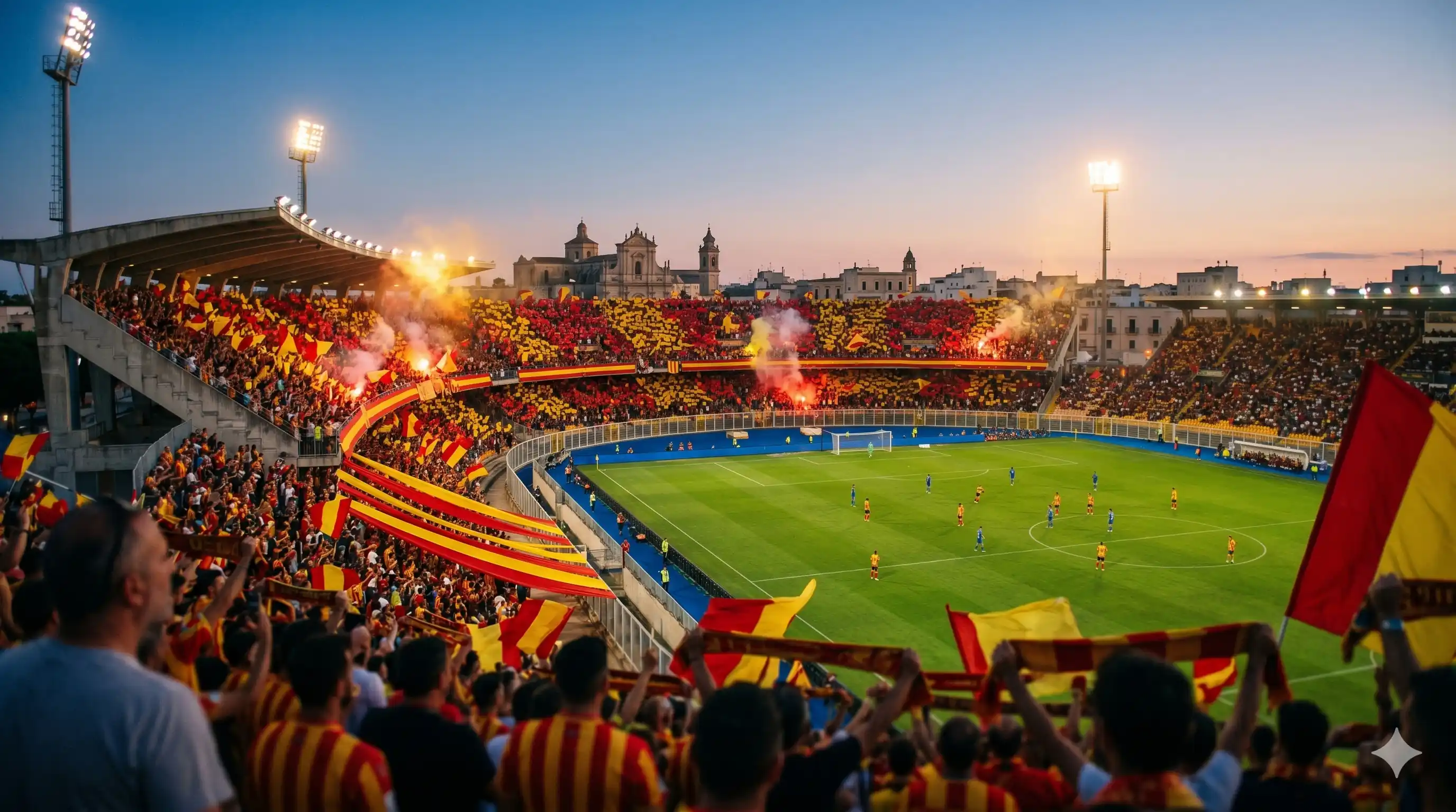 Lecce fans in yellow and red filling the Via del Mare stadium night.