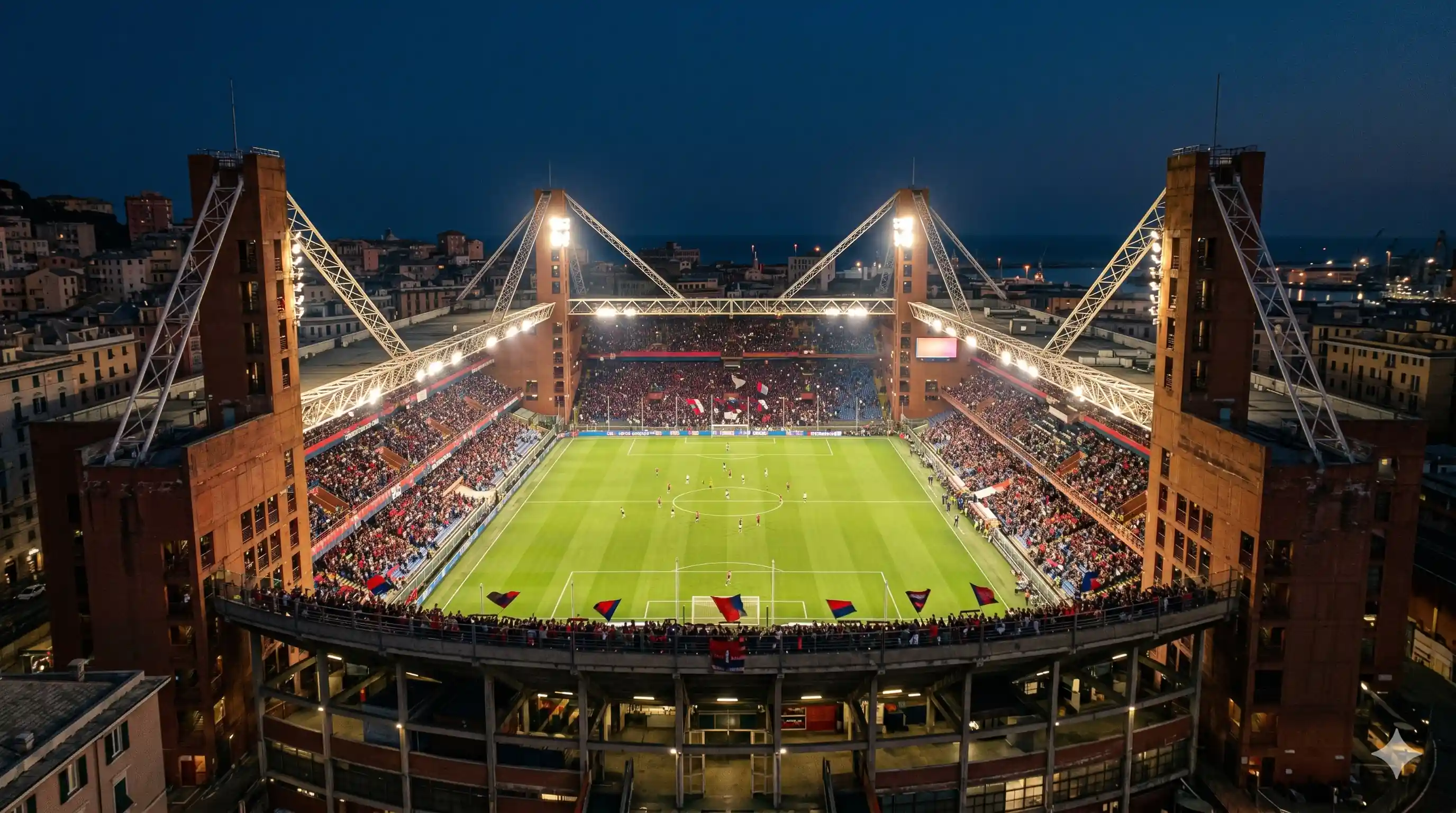 Genoa fans in red and blue filling the old Luigi Ferraris stadium night.