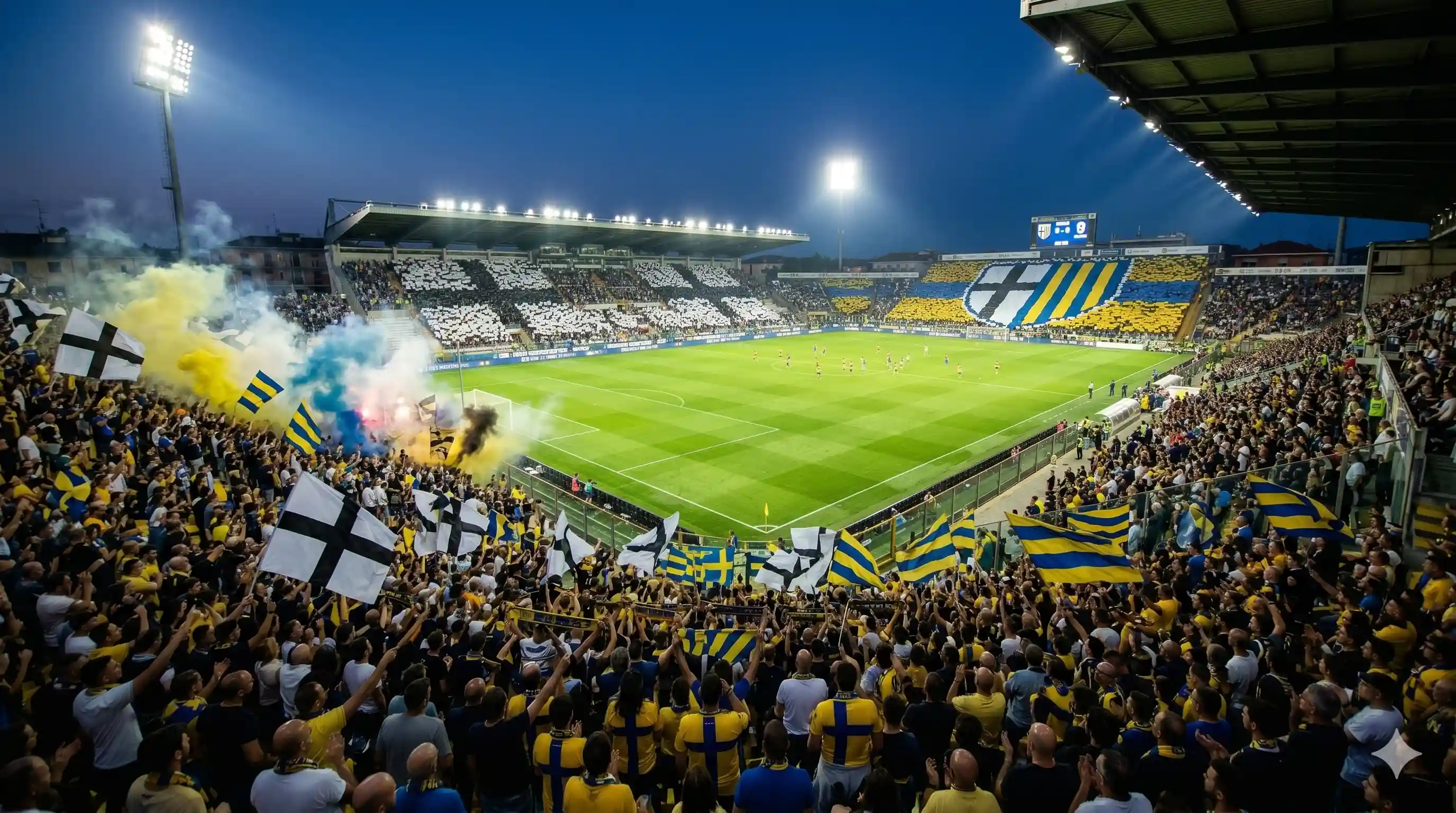 Parma fans with yellow and blue cross pattern at Ennio Tardini night.