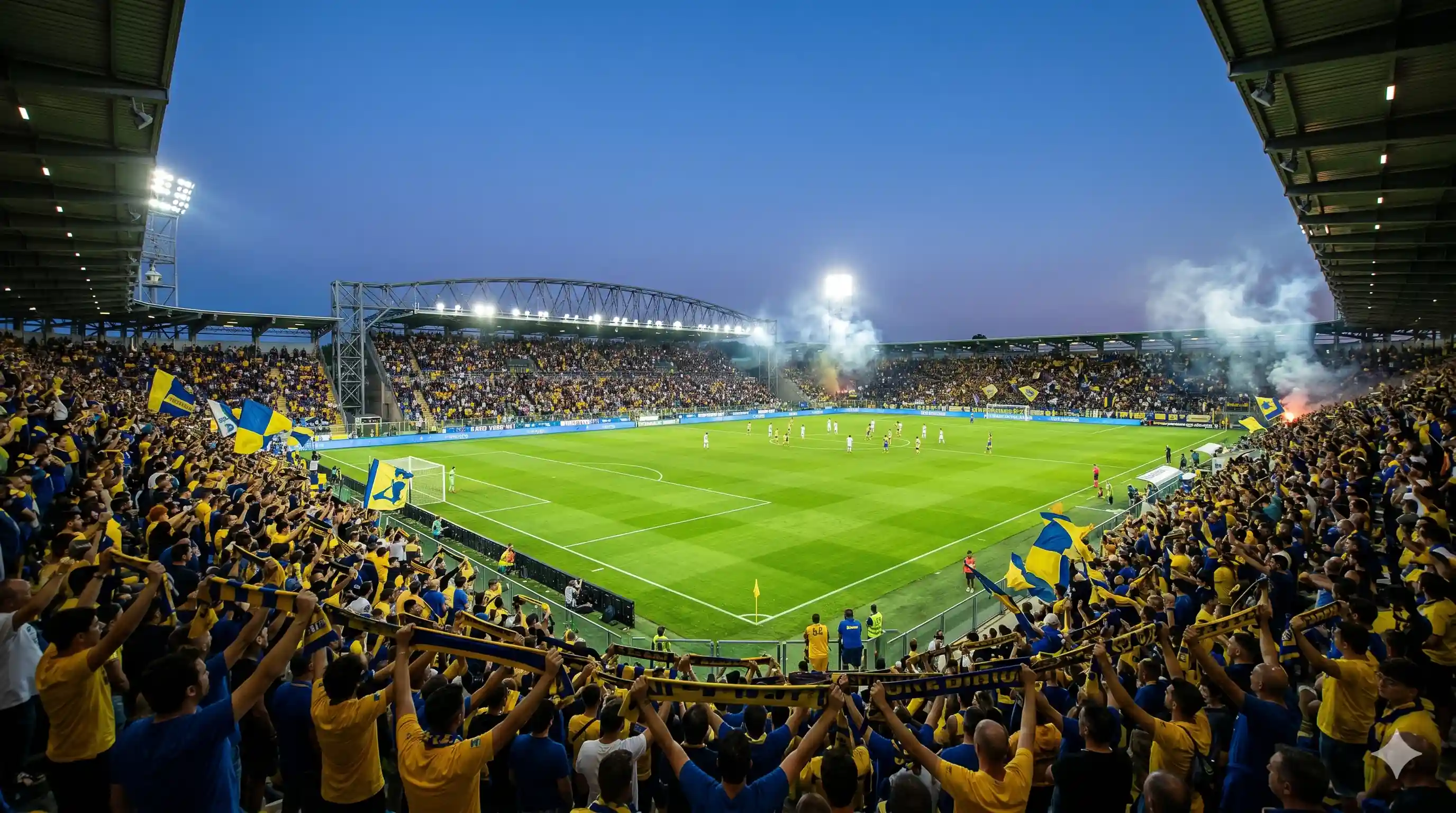 Frosinone fans in gold and blue at floodlit Benito Stirpe stadium night.