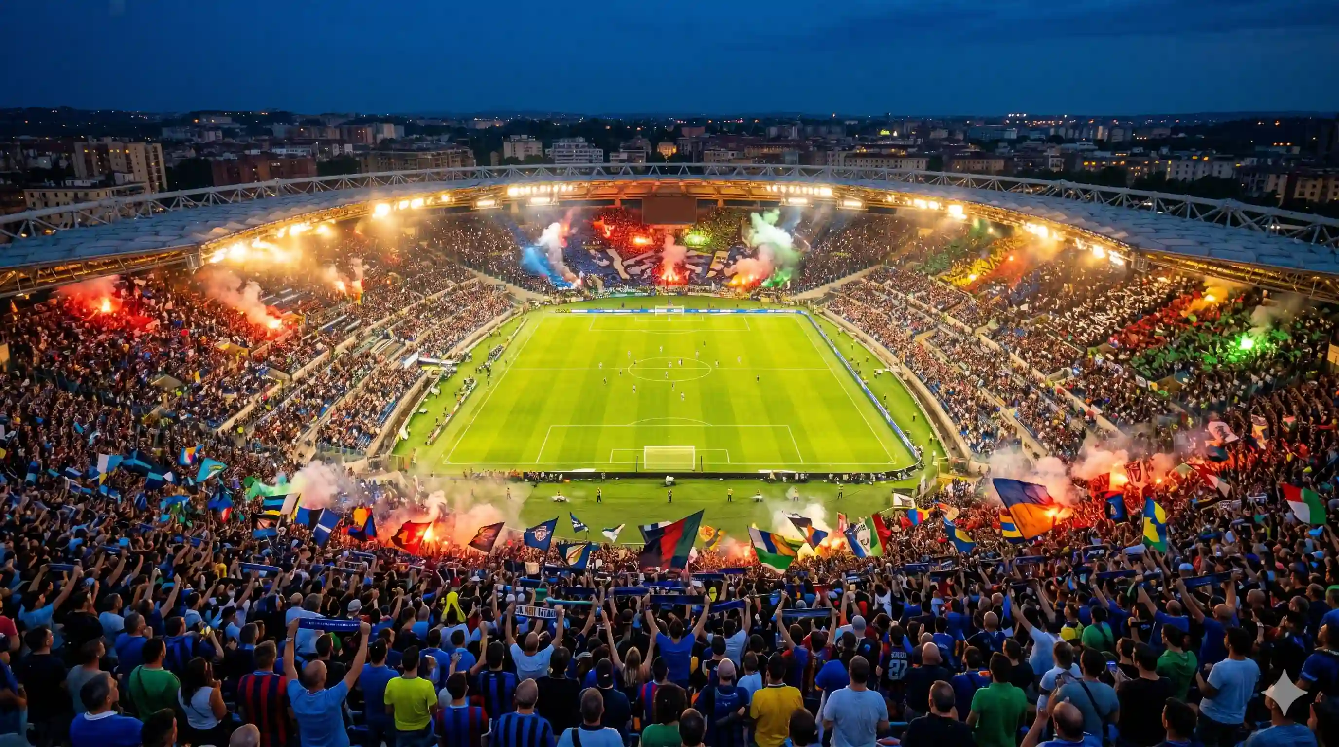 Serie A matchday atmosphere at an Italian stadium at night: fans, flares, and floodlights