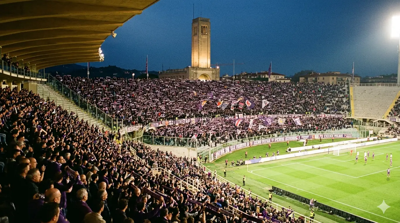 Fiorentina fans in purple filling the Artemio Franchi stadium night.