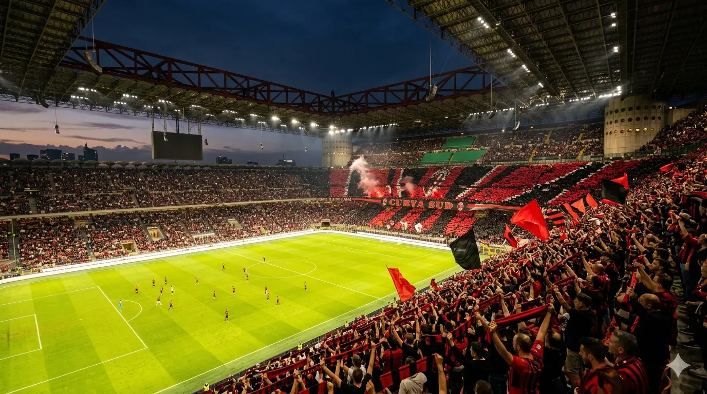AC Milan fans in red and black at floodlit San Siro stadium at night.