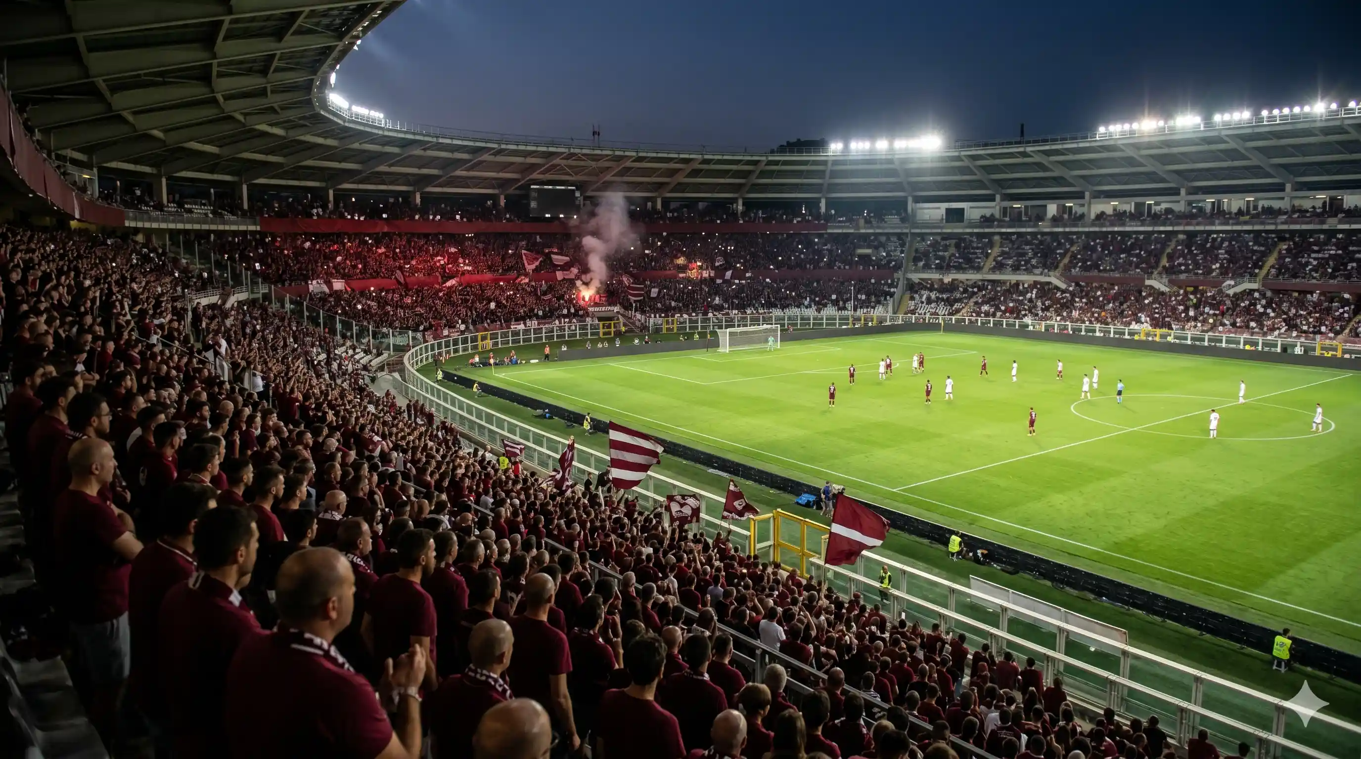 Tifosi Torino in granata allo stadio Olimpico Grande Torino di notte.