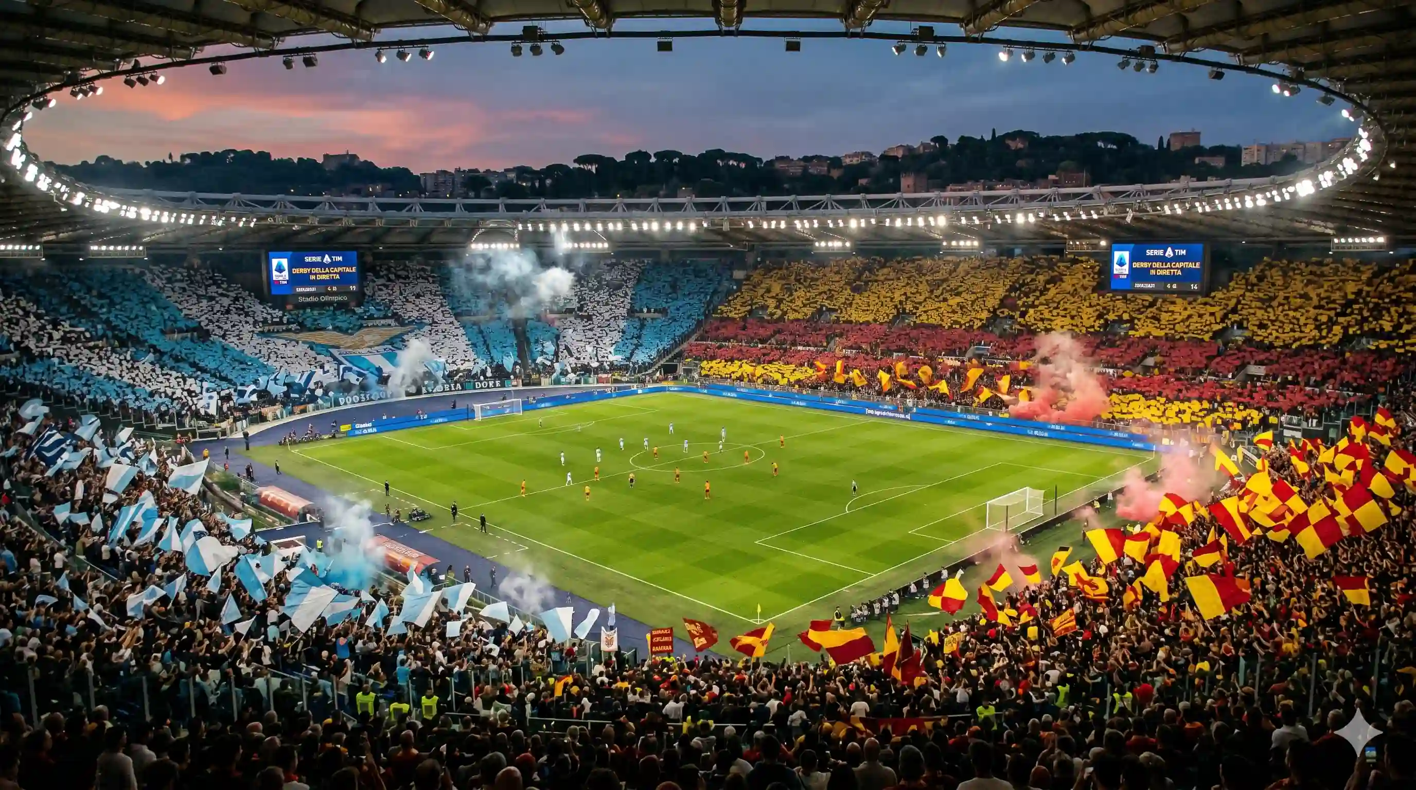 Packed Olimpico stadium split between Lazio (blue/white) and Roma (red/yellow) fans at night.