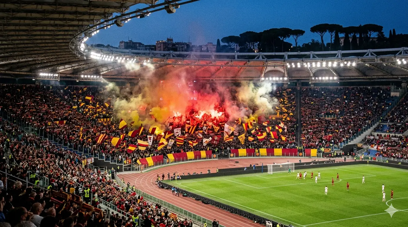 Roma fans in red and yellow with flares at Olimpico stadium night.