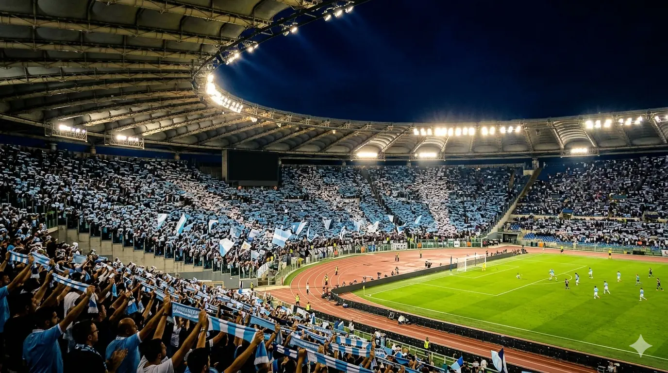 Lazio fans in light blue and white at Olimpico stadium at night.